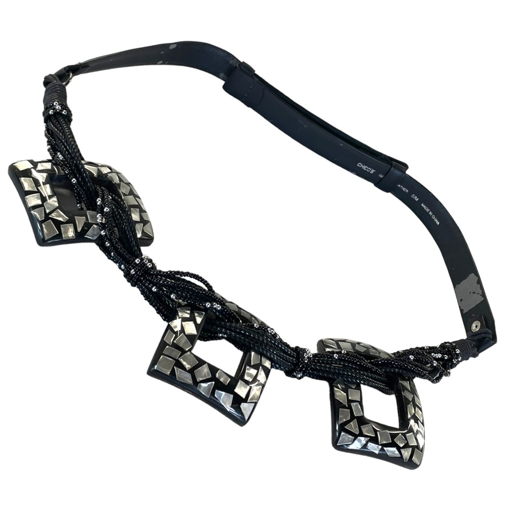 Chico's Black Leather Adjustable Belt w/ Beads & Mother of Pearl Like Inlay S/M - Picture 5 of 11